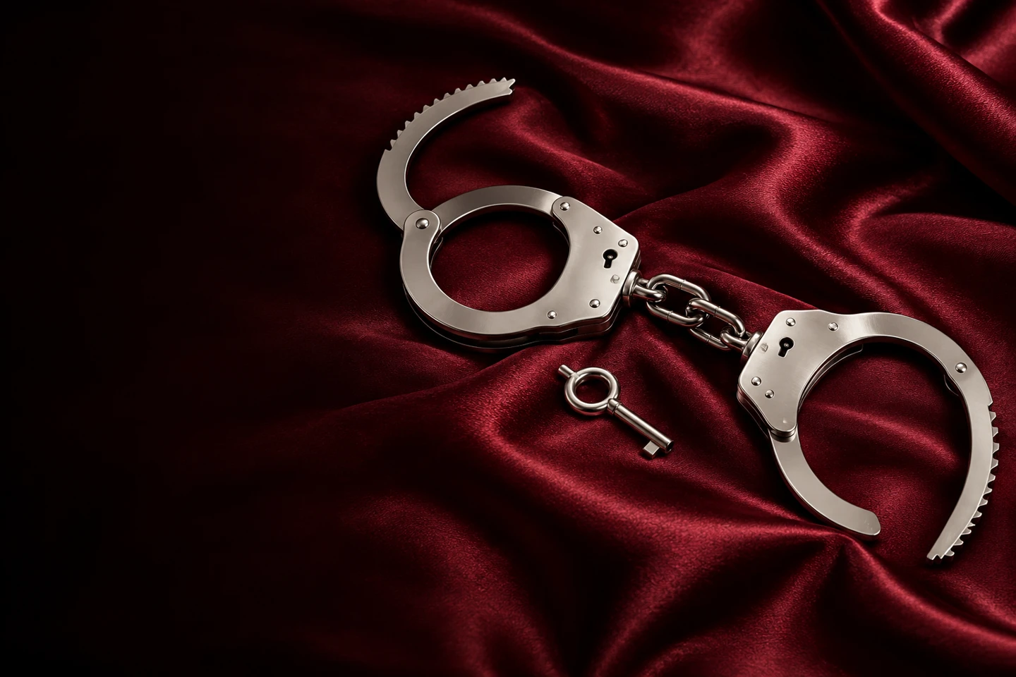 Losse metalen handboeien en een sleutel op bordeauxrood satijn; AI-stilleven